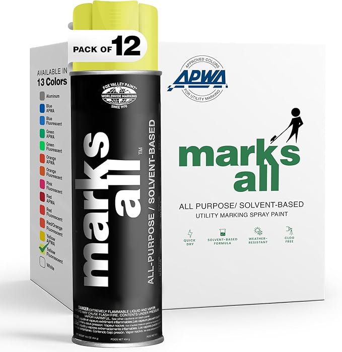 Fox Valley 18oz Marks All Solvent-Based Marking Paint Spray, 12-Pack Yellow Fluorescent – Long-Lasting, Weather-Resistant Spray Paint for Wet or Dry Surfaces Like Metal, Grass, Concrete, Wood, & More