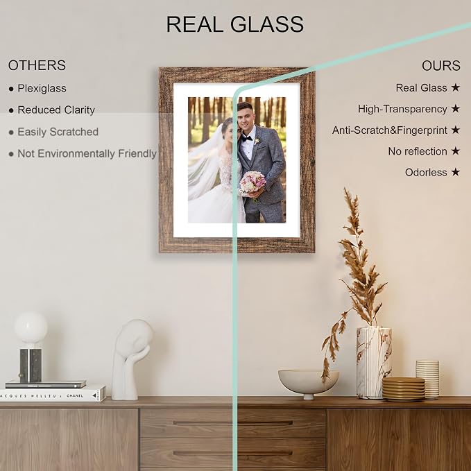 Hongkee 9x11 Picture Frame Set of 4, Made of Real Glass and Rustic Brown Frame - Display Picture 7x9 with Mat or 9x11 Without Mat, 9 by 11 Photo for Wall or Tabletop