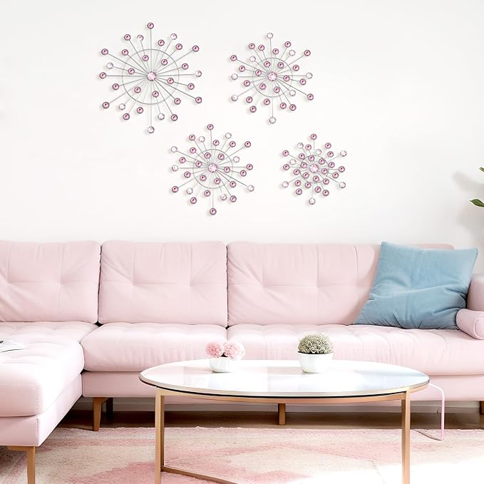 Blulu 4 Pcs Pink Metal Wall Decor Bling Crystal Wall Art Cast Iron Rhinestones Sunburst Decor Starburst Art Hanging Diamond Accents Decorative for Living Room Bedroom Entryway
