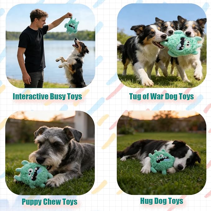 Monster Stuffed Squeaky Dog Toy, Crinkle Dog Plush Toy, Light Green | Soft Lightweight Toy for Fetch and Chew, Interactive Outdoor Indoor Play for Tug, Birthday Gift, For Puppy Small Medium Dog