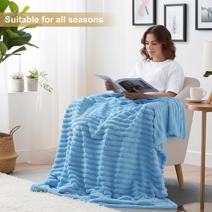 decorUhome Blue Fleece Queen Blanket 90x90 Inches | Soft Fleece Bed Cozy Fluffy Plush Flannel Large Striped Throws for Couch Sofa, Decorative Fuzzy Blanket for Woman