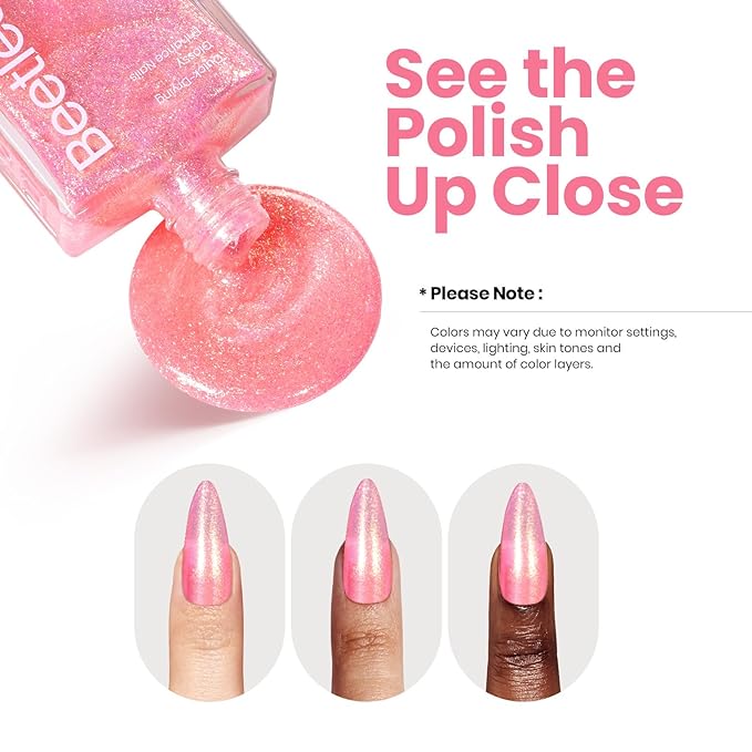Beetles Pink Nail Polish - 15ML Quick Dry Nail Polish Glitter Gold Pink Nail Lacquer Shimmer Fingernail Polish Art Effect for Nail Salon-Quality