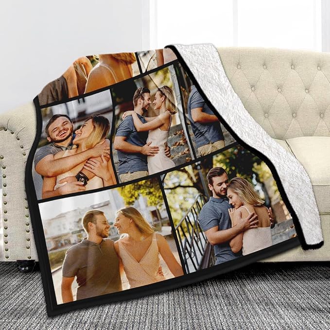 Ships Next Day, Custom Sherpa Fleece Blanket with Photos Text Soft Warm Custom Blanket Personalized Couples Gifts for Boyfriend Girlfriend Customized Picture Blanket Gifts for Christmas Valentines Day