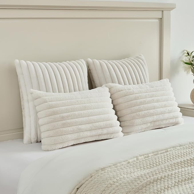 FUTEI Pack of 2 Faux Fur Throw Pillow Covers 28x28 Inch, Cream White | Fluffy Faux Rabbit Fur Front/Premium Velvet Back,Hidden Zipper,Machine Washable,Non-Shedding,Colorfast,Insert Not Included.