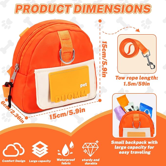 Orange Dog Harness Backpack with Leash & Poop Bag Dispenser, Modern Style, Medium Dog, 17-33 Lb, 5.9" x 5.9" x 2.3"