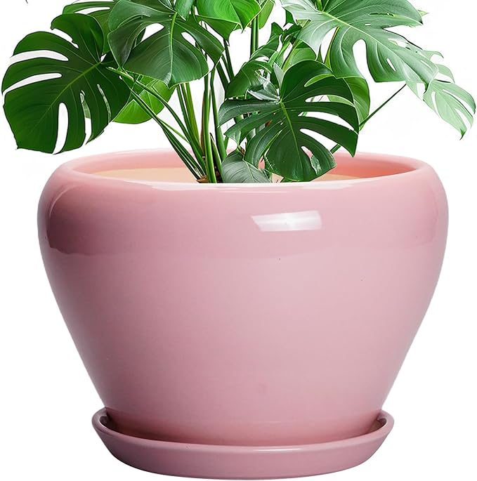 Ceramicfor 10 Inch Plant Pot - Ceramic Planter for Indoor Plants, Glaze Modern Round Planter with Drainage Hole and Saucer, Gifts for Plant Lovers, Office Patio Home Room Decor, Pink