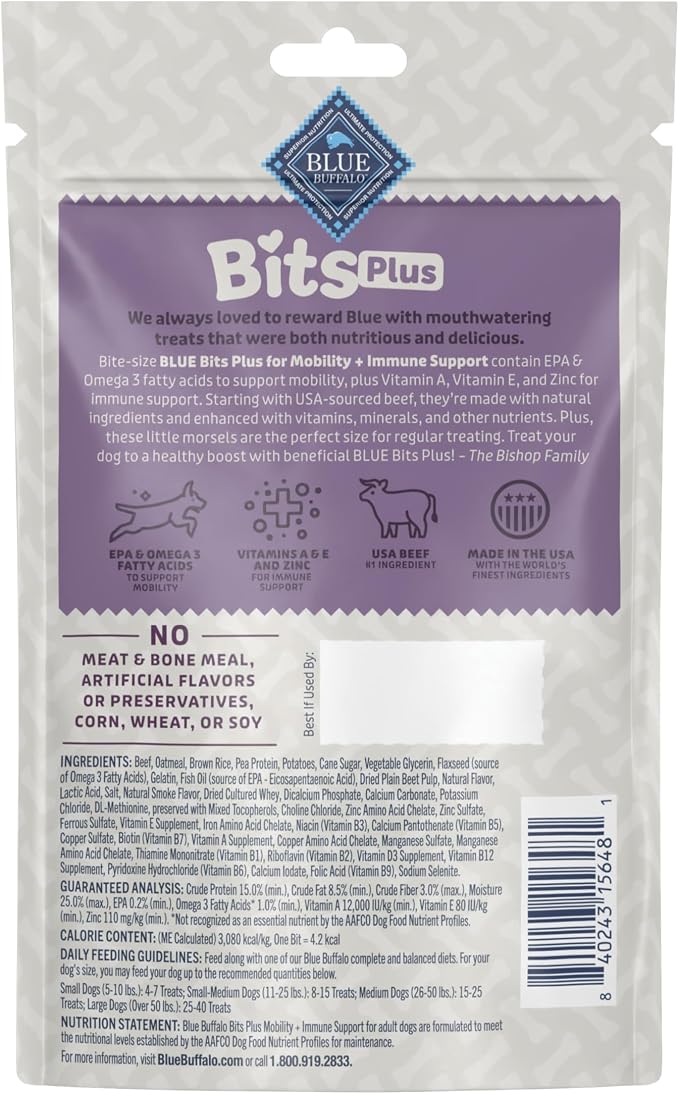 Blue Buffalo Bits Plus Beef Dog Treats, 3.5 oz | Mobility Support, EPA & Omega 3 Fatty Acids, Vitamin A, E & Zinc for Immune Support