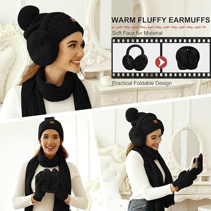 Yusongirl Winter Women Scarf Gloves Beanie Ear Muffs Socks Set Cold Weather Warm Knit Hat Fleece Long Neck Warmer 5 in 1 Set