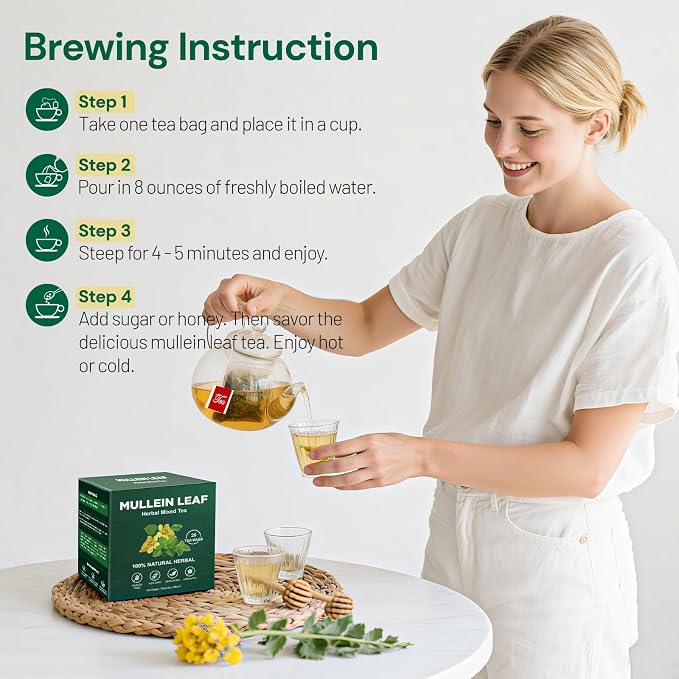 Natural Mullein Tea Bags for Lungs -Mullen Leaf & Herbal Blend Mint Leaves for Respiratory Support & Detox Tea Caffeine-Free 20Bags