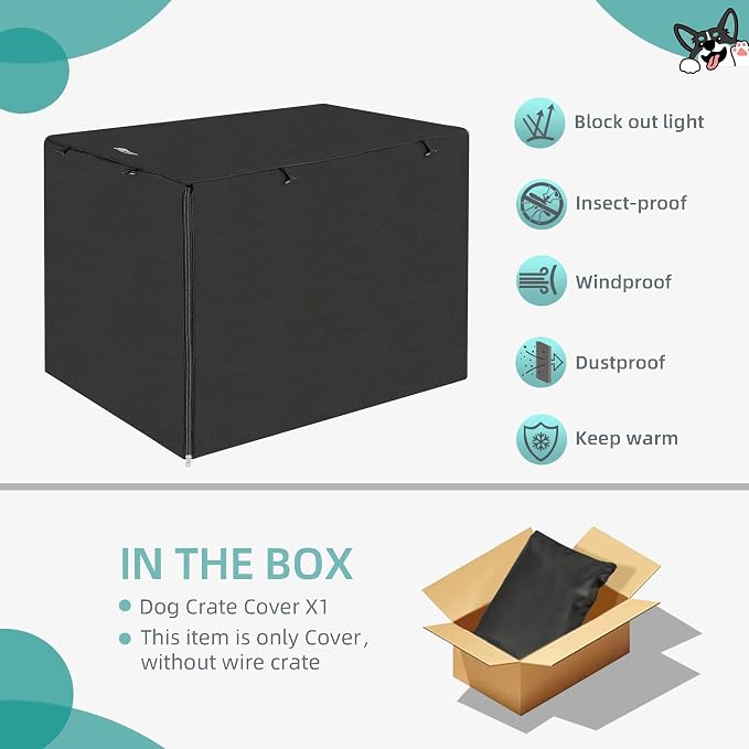 Seiyierr Dog Crate Cover for 42" Large Wire Dogs Cage, Puppy Kennel with Double Door, Lightweight 600D Polyester Windproof Pet Crates Covers, Machine Wash & Dry, Black