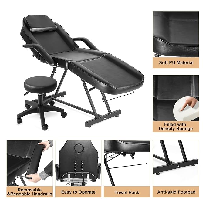 Artist hand Massage Table Adjustable Massage Bed with Barber Stool Spa Bed Salon Massage Equipment Barber Chair Salon Chair Black