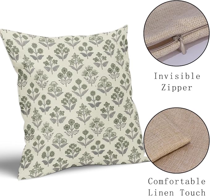 Green Grey Gray Floral Pillow Covers 24x24 Inch Set of 2, Vintage Flower Block Print Pattern Decorative Throw Pillowcases Outdoor Farmhouse Cushion Covers Spring Summer Rustic Sofa Couch Bed Decor
