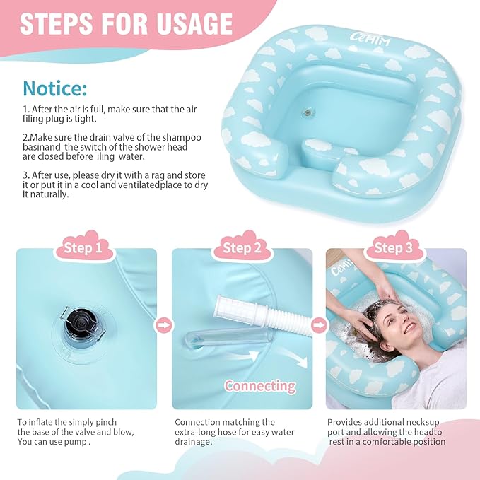 Inflatable Shampoo Basin for Kids - Hair Washing Basin for Children,Teens,Toddler With Neck Support, Portable Shampoo Bowl for use In Bed,on Bathtub,On Floor,or Sink,Tear-Free Rins