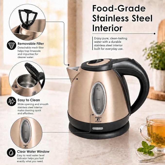 Moss & Stone 1.2L Stainless Steel Small Electric Kettle, Cordless 1500w Fast Boiling Pot, Portable Hot Water Electric Tea Kettle With Boil Dry Protection & Auto Shut-Off (Champagne)