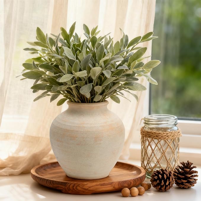Ceramic Flower Vase Home Decor, 6.2 inch Farmhouse Rustic Vintage Decorative Vases, Pottery Terracotta Boho Flowers Vases for Dining Table, Living Room, Shelf, Kitchen, Bedroom (6.2"-White)
