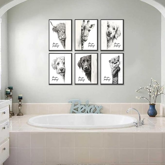 Funny Bathroom Wall Art Set of 6 Black and White Bathroom Posters Unframed | Premium Canvas Prints, Cute Animal Wall Decor, Retro Funny Toilet Art Prints for Wall Decoration, 8x10Inch