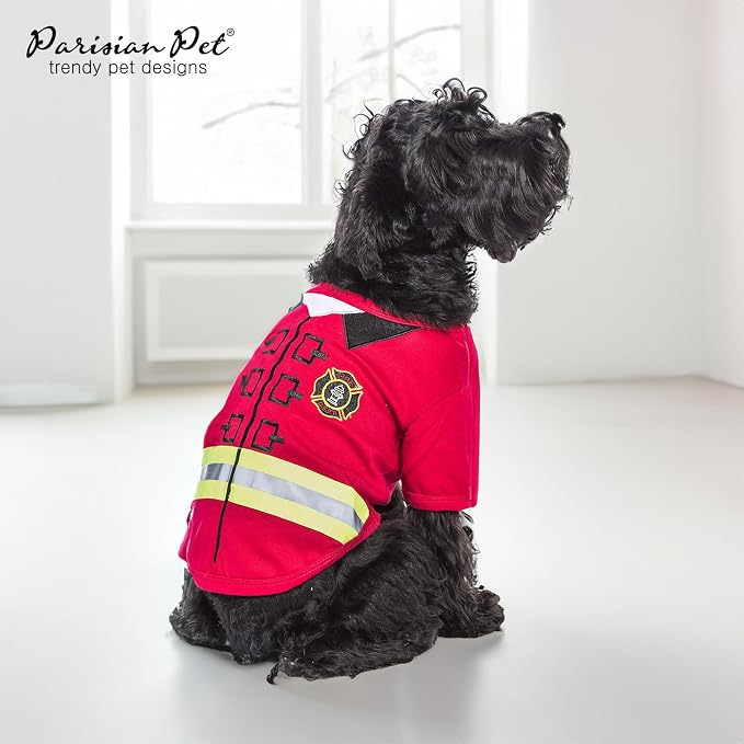 Parisian Pet Dog Costume - 100% Cotton Firefighter Dog Clothes for Small Dogs - Lightweight Puppy Outfits - Funny Chihuahua Clothes - Sleeved Red Shirt for Dogs - Stretchy and Stylish Pet Costume
