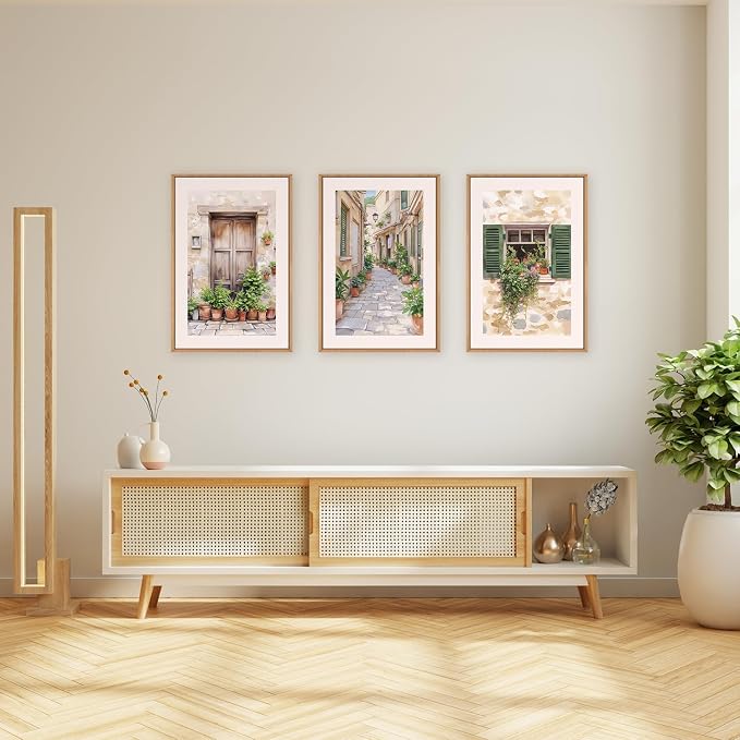 FWIEXA Italy Streets Travel Framed Wall Art Set, Green Botanical Wall Decor, Vintage Italian Style Countryside Villages Wall Print, Potted Plant Canvas Artworks, 3 Pieces Nature Landscape Painting for Bedroom, Office, Living Room