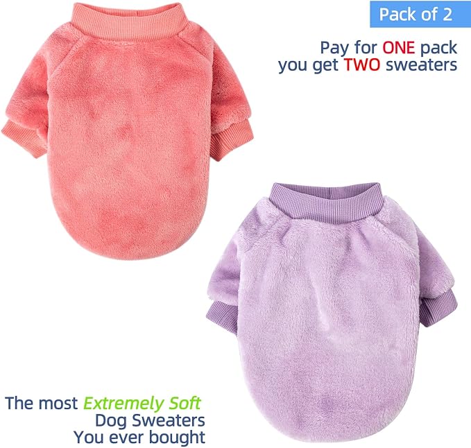 FabriCastle Dog Sweaters, 2-Pack Dog Clothes for Small Dogs Girl & Cats, Ultra Soft and Warm Pet Coats, Winter Pet Jacket, Doggy Apparel Costumes, Puppy Outfits (Pink,Light Purple, X-Large)
