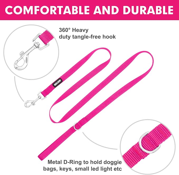 azuza Nylon Dog Collar and Leash Set, Strong & Durable Basic Style Leash and Collar with ID Tag Ring, Available in Multiple Lengths for Medium Dogs, Hot Pink,M