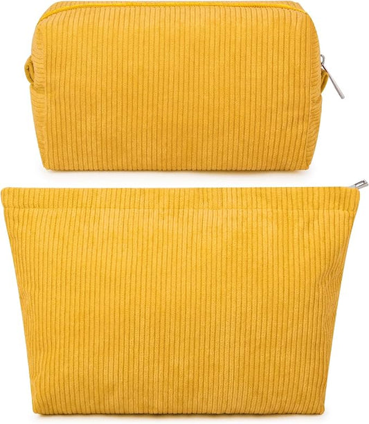 SOIDRAM 2 Pcs Corduroy Makeup Bag Large Cosmetic Bag Toiletry Bag Makeup Pouch Travel Bag Organizer Cute Makeup Brushes Aesthetic Accessories Storage Bag for Women Mustard Yellow