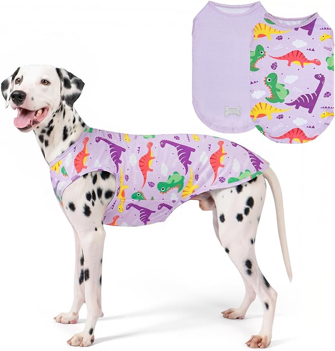 KYEESE 2Pack Dog Shirt, Lightweight Sun Protection Dog T Shirts for Large Dogs Boy Girl, Breathable Mesh Tank Top Sleeveless Pet Reflective Vest, Soft Summer Dogs Clothes, Dinosaur+Purple, 3XL