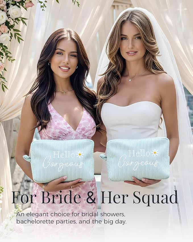 Hello Gorgeous Cosmetic Bag, Cute Daisy Makeup Bag, Compliment Gift for Women Girls Bride & Bridesmaid, Seersucker Stripe Travel Toiletry Pouch w/Zipper, Wedding Organizer Storage (Green)