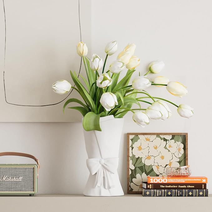 Relexome White Ceramic Bow Vase Unique Cute Decorative Bouquet Flower Vases 9.64 in Summer Home Decor Vase