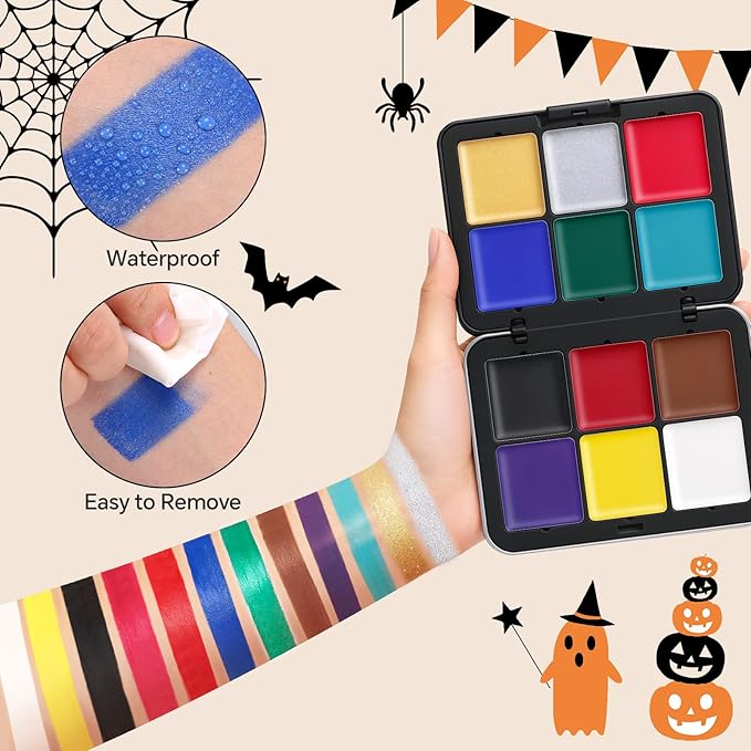 16 Colors Face & Body Paint - Blendable Facepaint Foundation with Sponge & Brush for Skin, Professional Halloween Face Make-up Kit for Zombie Clown Joker Vampire Skeleton Camo USA Flag Bruise Costume