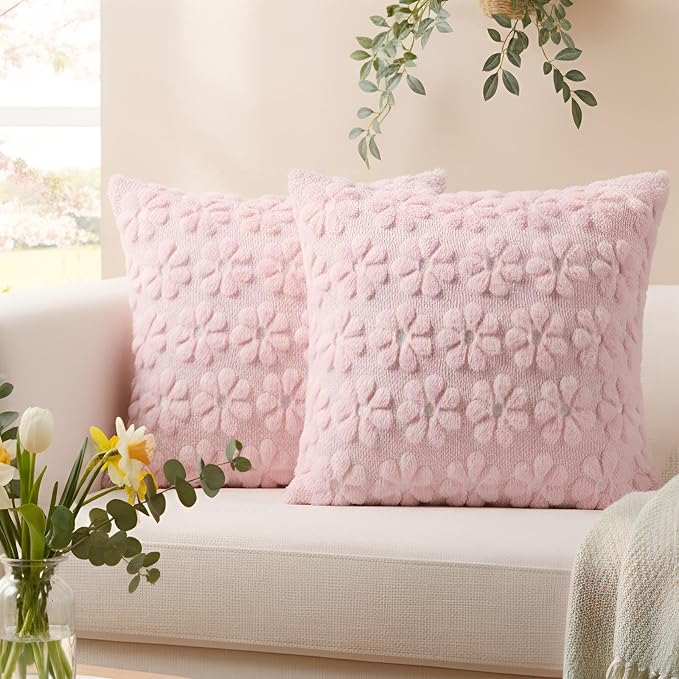 Softalker Spring Decorative Throw Pillow Covers 20 x 20 Inch Set of 2, Farmhouse Summer Floral Daisy Soft Faux Fur Cushion Covers, 3D Pillow Cases for Couch Bedroom Living Sofa Room Home Decor, Pink