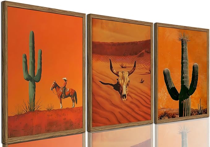 Framed Western Cowboy Canvas Wall Art Set of 3, Vintage Desert Cactus Pictures Wall Decor, Longhorn Bull Skull Paintings Prints Southwestern Home Decor for Living Room Bedroom 16x24 inch