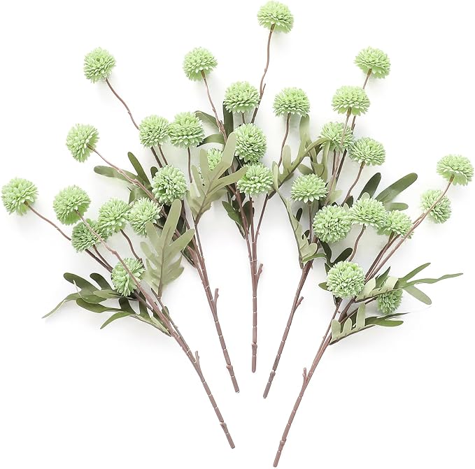 5pcs Elf Green Faux Silk Mums Artificial Flowers, Bulk Fake Small Mini Chrysanthemums with Stems for DIY Sage Green Wedding Centerpieces Floral Arrangements Vase Fillers Home Decorations