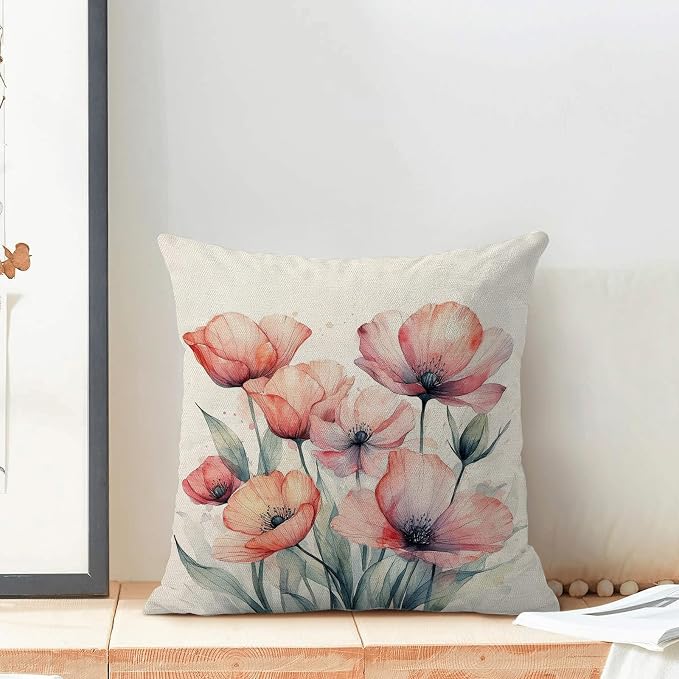 Spring Pillow Covers 18x18 Set of 2 Watercolor Orange Pink Floral Throw Pillow Cover Decoration Summer Seasonal Vintage Flower Farmhouse Decorative Cushion Cover for Home Sofa Outdoor Decor