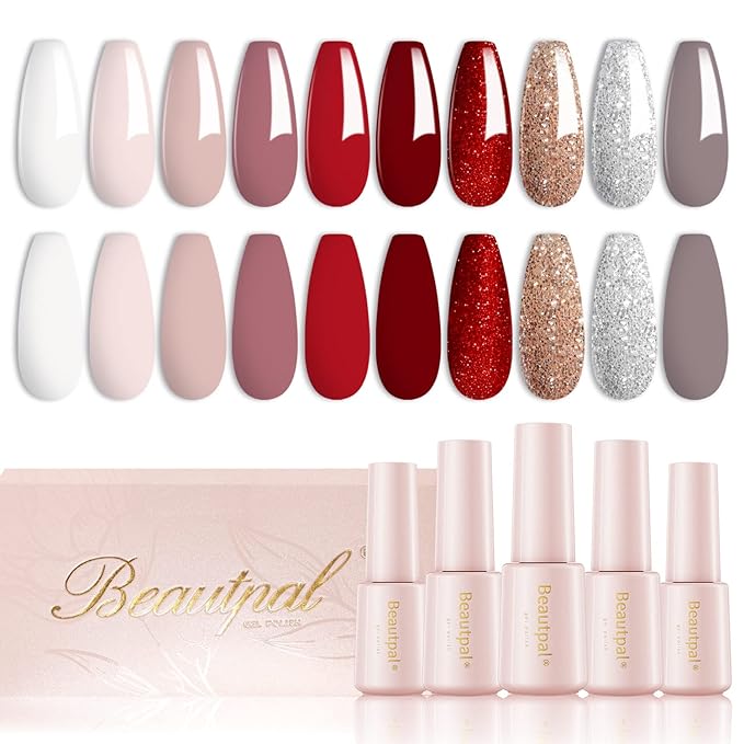 Beautpal Red Gel Nail Polish Set 10PCS Nude Red Sparkle Burgundy White Nude Champagne Sliver Gel Polish kit Soak Off Nail Art Design Manicure Gifts For Women Girls 7ml