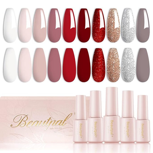 Beautpal Red Gel Nail Polish Set 10PCS Nude Red Sparkle Burgundy White Nude Champagne Sliver Gel Polish kit Soak Off Nail Art Design Manicure Gifts For Women Girls 7ml