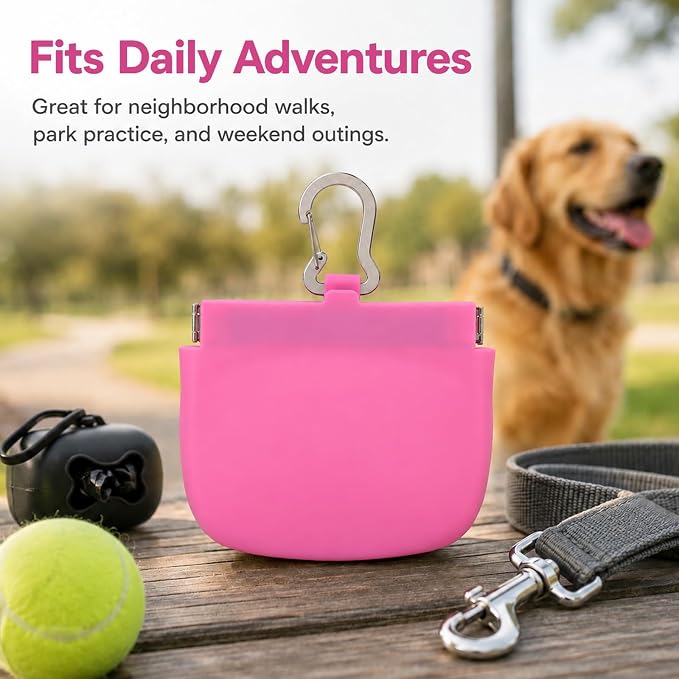 Silicone Dog Treat Pouch for Pet Training One-Hand Access One Cup Silicone Treat Bag with Pull Tab and Auto Closing Lid Treat Pouches for Leash(Color: Pink)