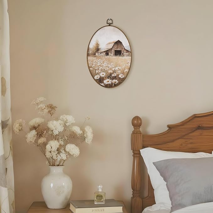 LKETW Farmhouse Country Wildflower Oval Wall Art Decor, Vintage Rustic Nature Daisy Floral Oval Canvas Hanging Decor, Retro Landscape Wall Decorations for Home Bedroom Living Room, 8.6x11.4 Inch