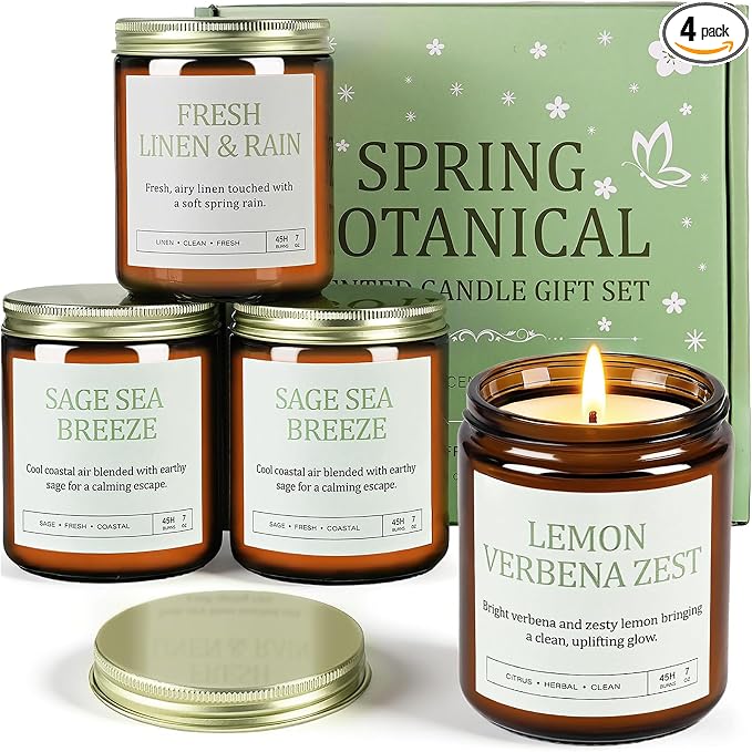 Scented Candles Gift Set, Long Lasting 4 Pack Aromatherapy Candles for Home | 200 Hour Burn, Fresh Linen & Rain, White Blossom & Pear, Lemon Verbena Zest, Sage Sea Breeze, Gifts for Women