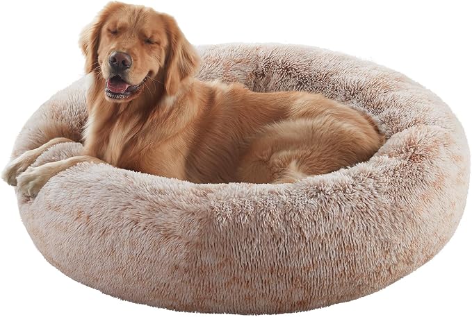 36 inches Faux Fur Fluffy Donut Dog Bed for Large Dogs,Brown | Calming Plush Round Pet Bed with Removable & Washable Cover,Fits up to 80 lbs Pets
