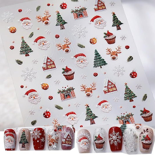 Christmas Nail Stickers for Nail Art, 5D Self-Adhesive Trees Cake Nail Decals, Mushroom Nail Supplies Nail Art Design Accessories for Women and Girls Manicure DIY Decoration