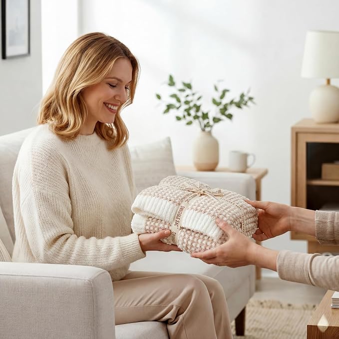 Snuggle Sac Cream Waffle Blanket for Couch Bed Sofa 60x80 inches, Reversible Beige Soft Throw Microfiber Fluffy Fuzzy Cozy Knit Twin Blanket for Women Mothers Birthday Gifts