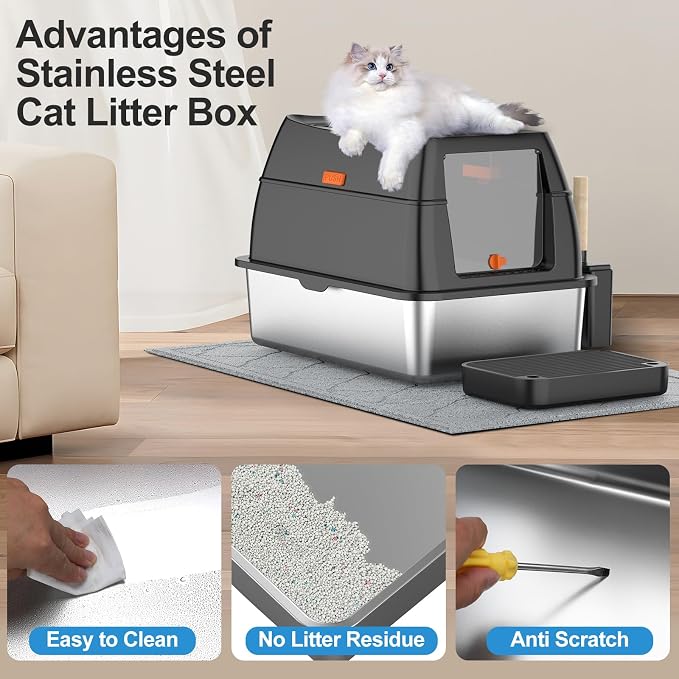 Lobeve Extra Large Stainless Steel Litter Box with Lid, Easy-Clean Pan | Enclosed Litter Box with Leak-Resistant Design, High Sides, Front Entry and Top Exit; Odor Control, Scoop and Mat Included