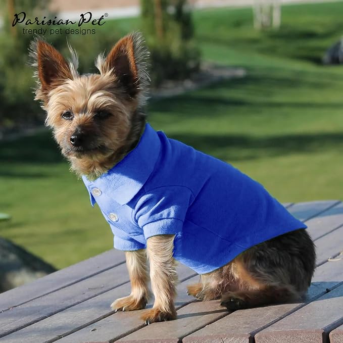 Parisian Pet Dog Polo Shirt – Classic Blue Cotton Pet Apparel with Collar & Buttons - Soft Breathable Puppy T-Shirt - Cute Dog Clothes - Ideal Summer Clothes for Medium Dogs - Shirts for Dogs Boy