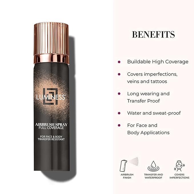 LUMINESS Airbrush Body Coverage with Self Tanner Brush - Tattoo Cover Up Makeup - Full Coverage Foundation for Face & Body - Water-Resistant, Long-Wear, Natural Radiant Finish, Fair
