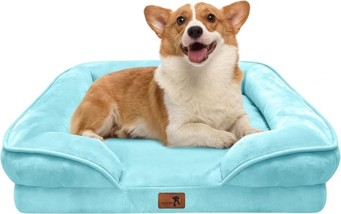 Spotted Play Orthopedic Dog Bed with Sides - Sofa Beds for Medium Dogs, Supportive Foam Pet Couch Bed with Washable Removable Cover, Waterproof Lining and Non-Slip Bottom, Ice Blue - M