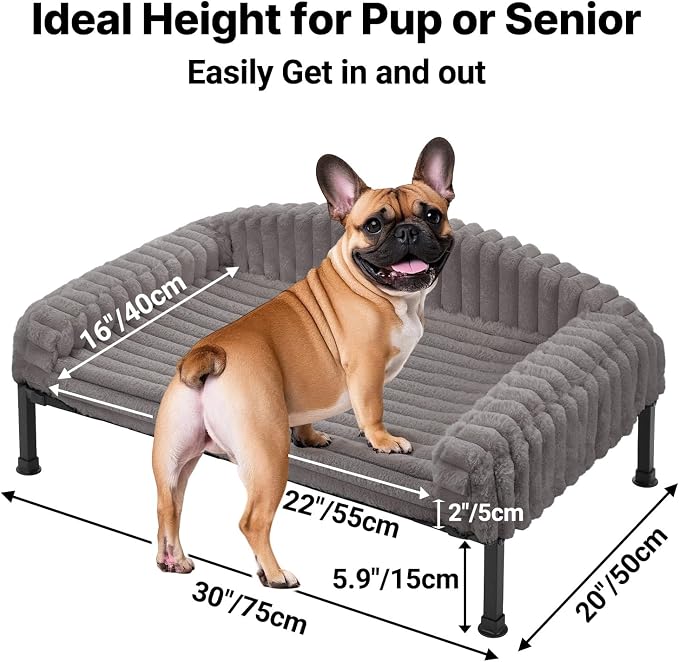 Veehoo Elevated Dog Bed with Bolster Cushion, Fluffy Plush Dog Couch Beds for Small Dogs, Cats, Washable Raised Pet Cot with Non-Slip Feet for Indoor or Patios Use, 30 x 20 Inches, Grey