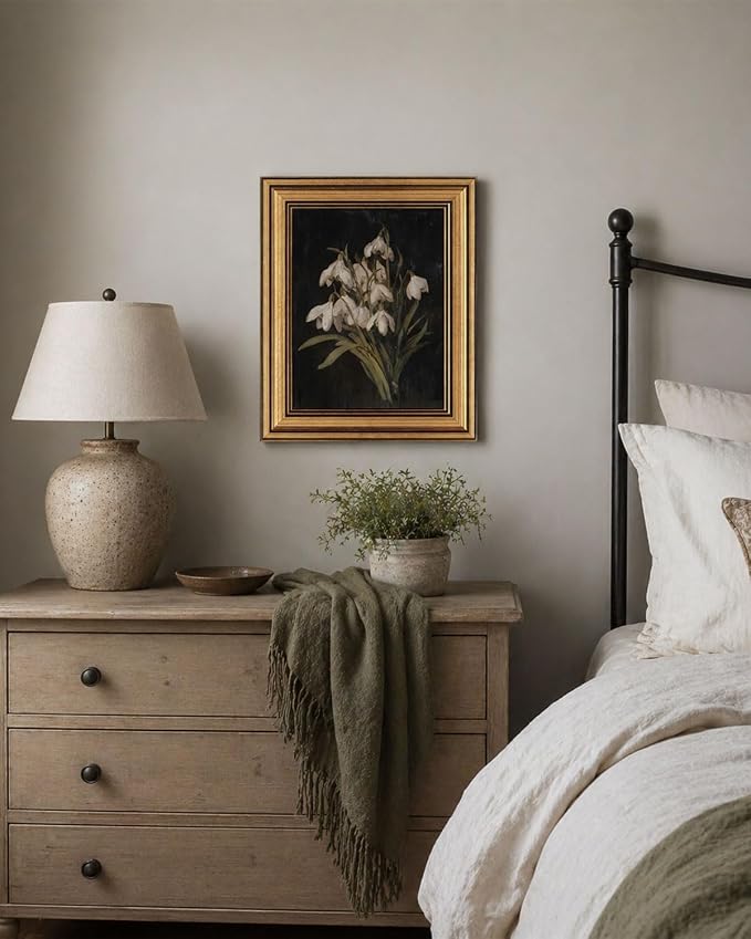 Gold Framed Wall Art, Vintage Snowdrop Flower Canvas Prints, Old World Botanical Still Life Picture Wall Decor, Moody Dark Academia Rustic Floral Artwork for Living Room Bedroom 9x11 inch