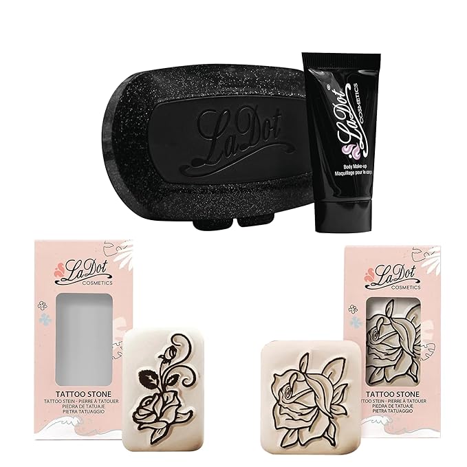 LaDot Starter Ink Pad and Two Rose Temporary Tattoo Stamp Set, Skin-Friendly Body Ink 15 ml, Reusable Ceramic Skin Stamps