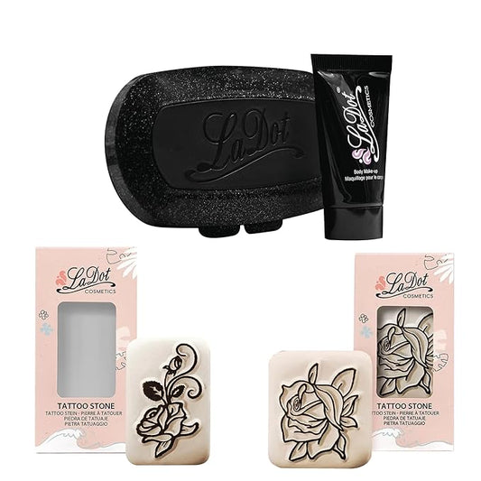 LaDot Starter Ink Pad and Two Rose Temporary Tattoo Stamp Set, Skin-Friendly Body Ink 15 ml, Reusable Ceramic Skin Stamps