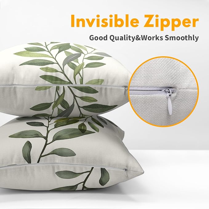 Kawani Green Leaf Throw Pillow Covers 20x20 in, Set of 2 Summer Spring Olive Leaves Outdoor Decorative Pillow Cases Cotton Linen Cushion Cover for Couch Bed Sofa Chair Car Seat Home Decor